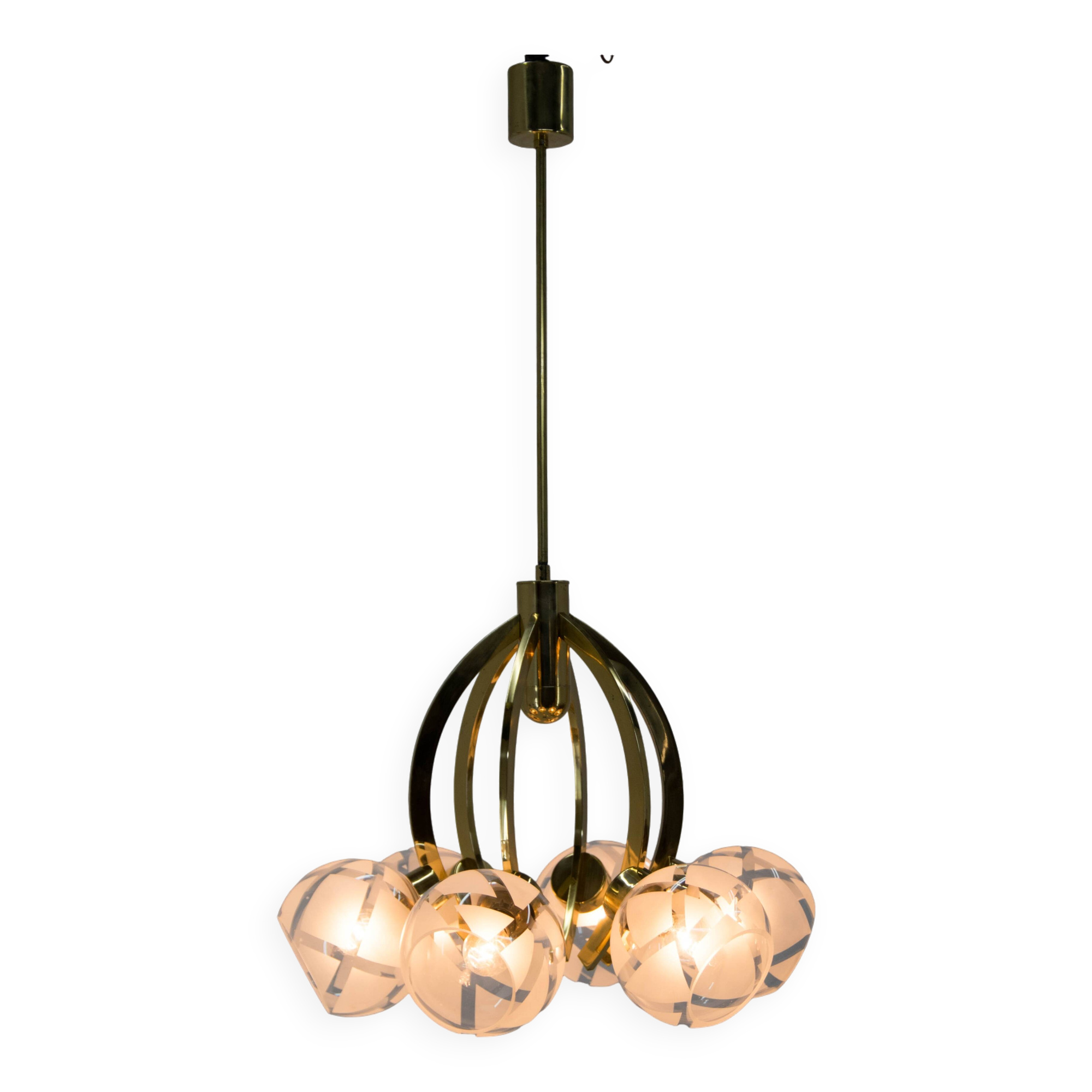 Brass and Glass 6-flamming Chandelier, 1980s