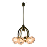 Lustre à 6 bras en laiton et verre, années 1980