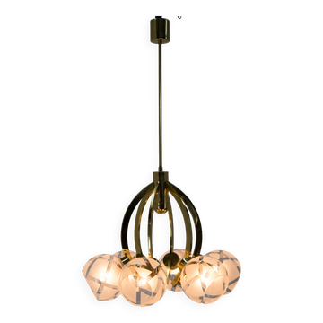Lustre à 6 bras en laiton et verre, années 1980