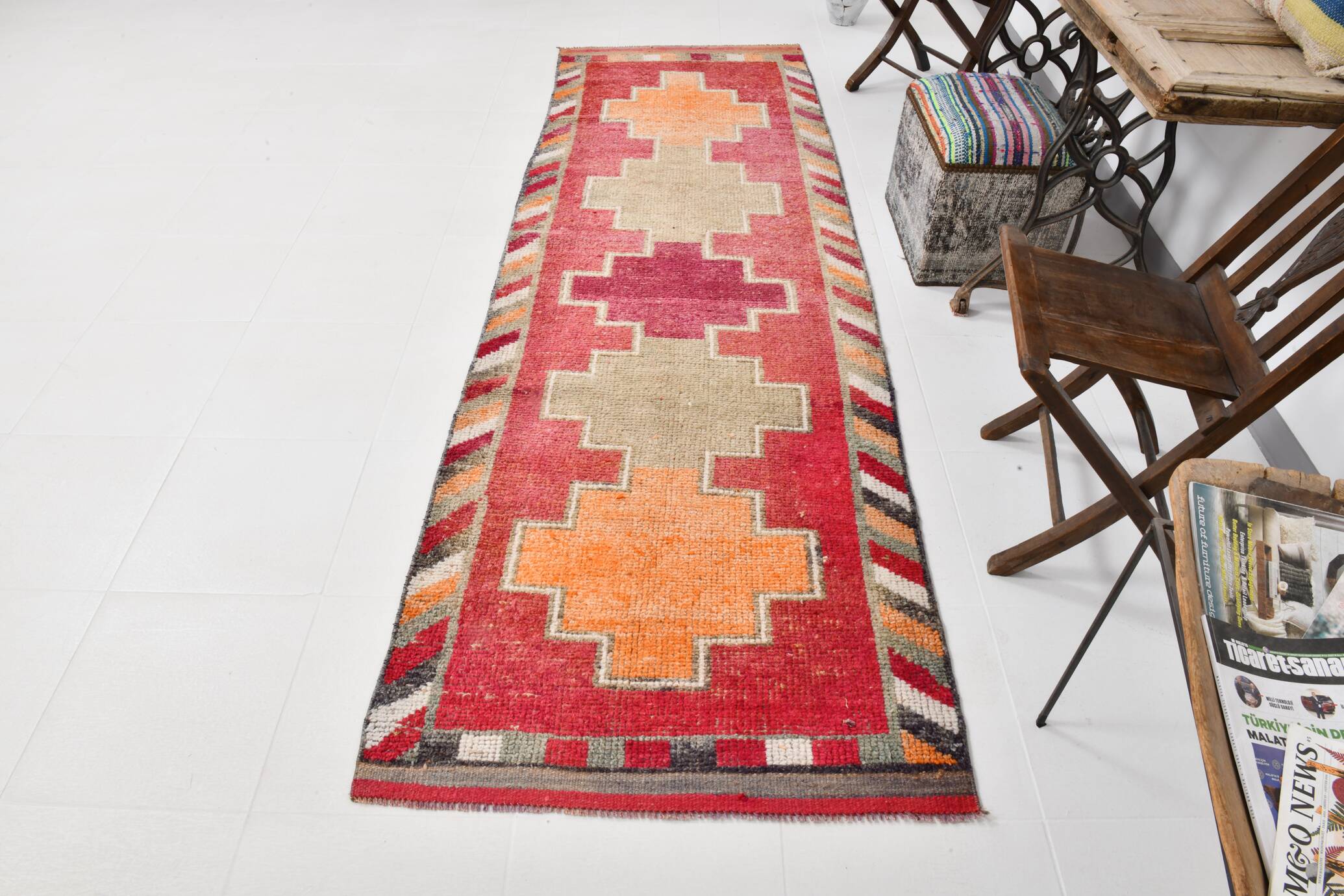 3x10 Orange & Red Turkish Vintage Runner Rug, 97x301Cm SK 22031