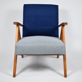 Vintage original 60s armchair, refubrished, blue velvet, poule fabric