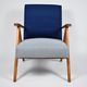 Vintage original 60s armchair, refubrished, blue velvet, poule fabric
