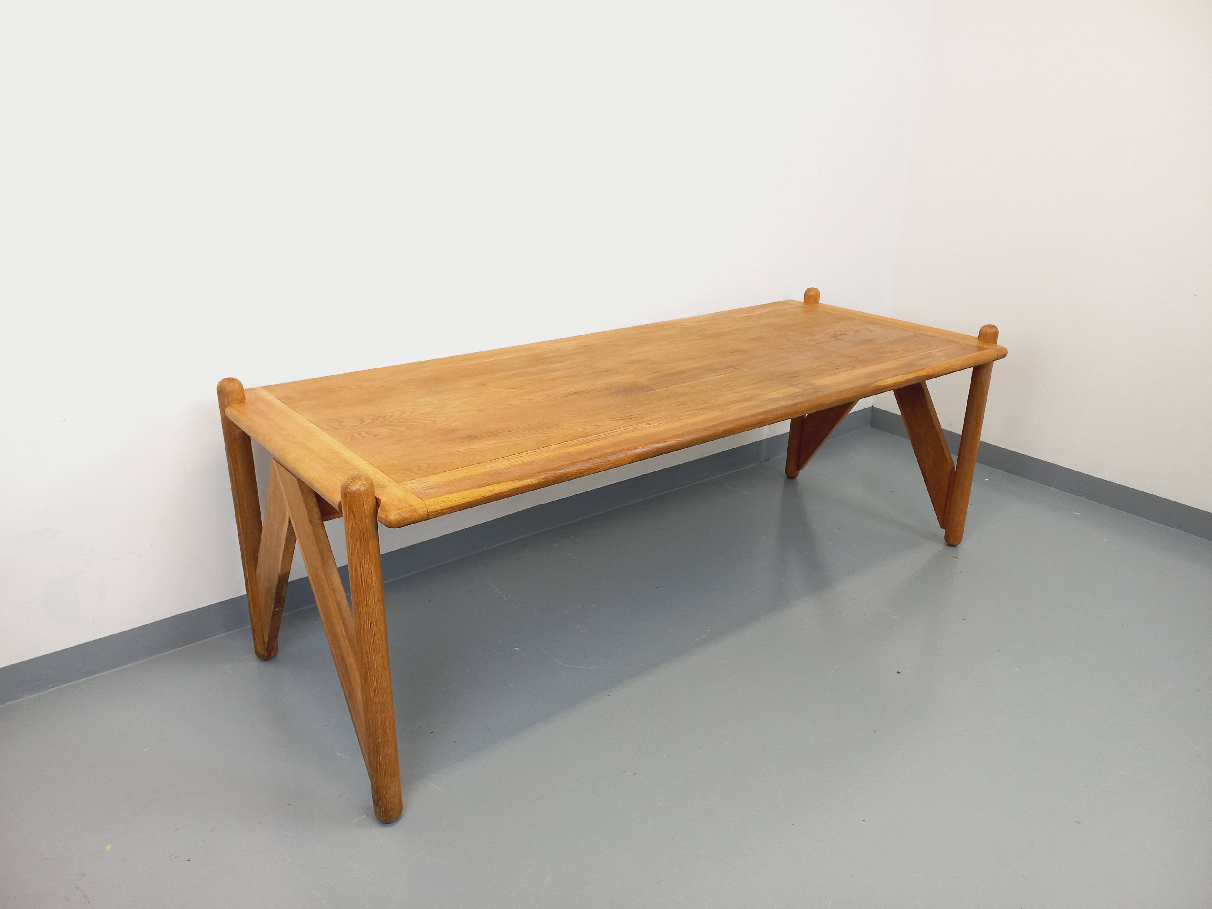 Large vintage brutalist rectangular table made of solid oak wood.