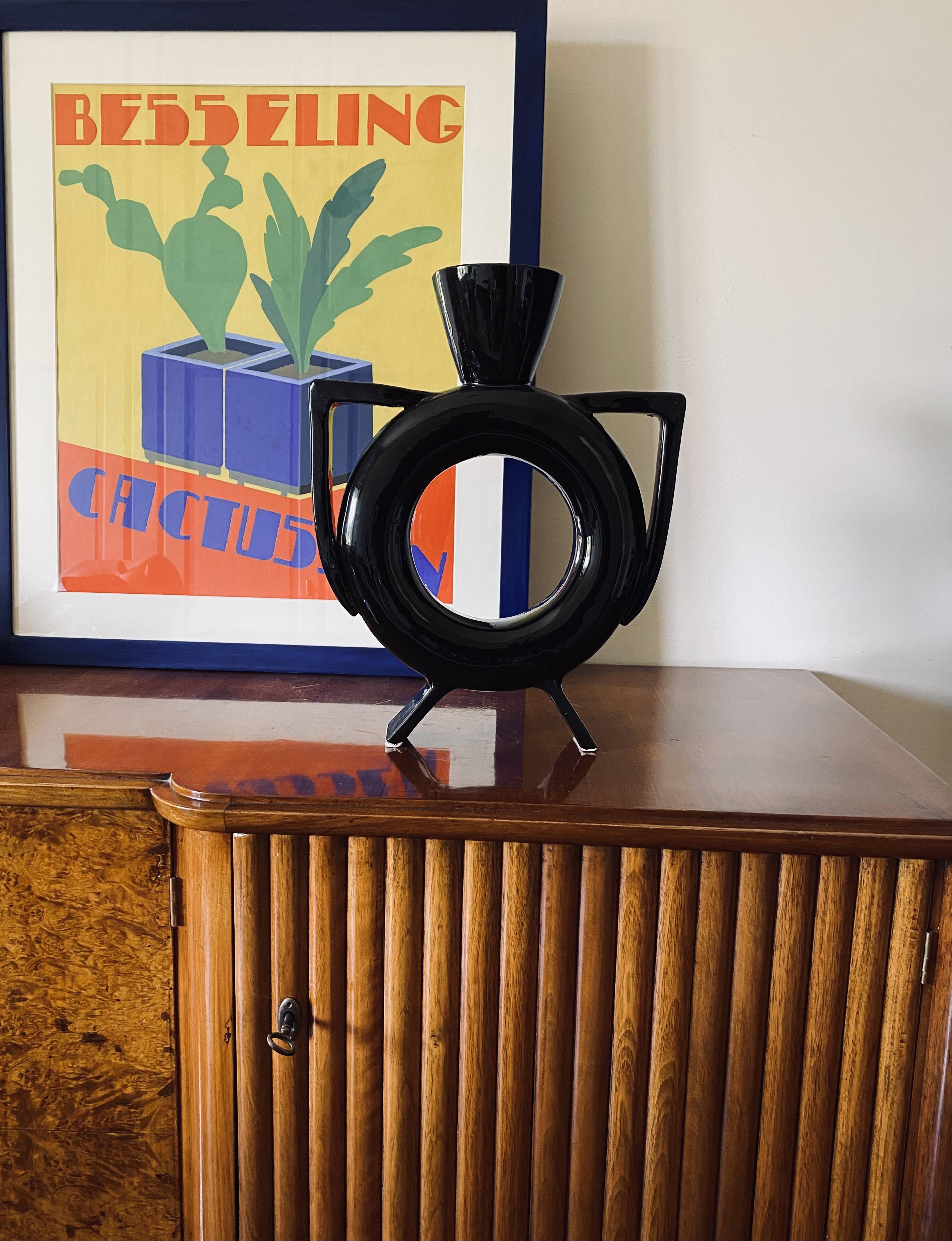 Organic modern black ceramic vase, Italy 1980s