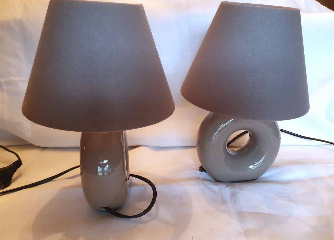2 grey ceramic bedside lamps