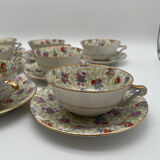 Set of 8 Limoges porcelain coffee cups from France with floral and gold pattern