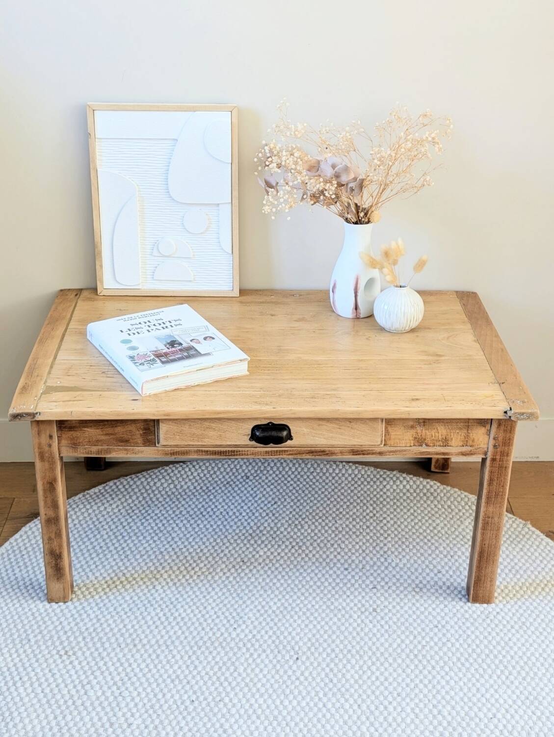 Antique solid wood coffee table with drawer.