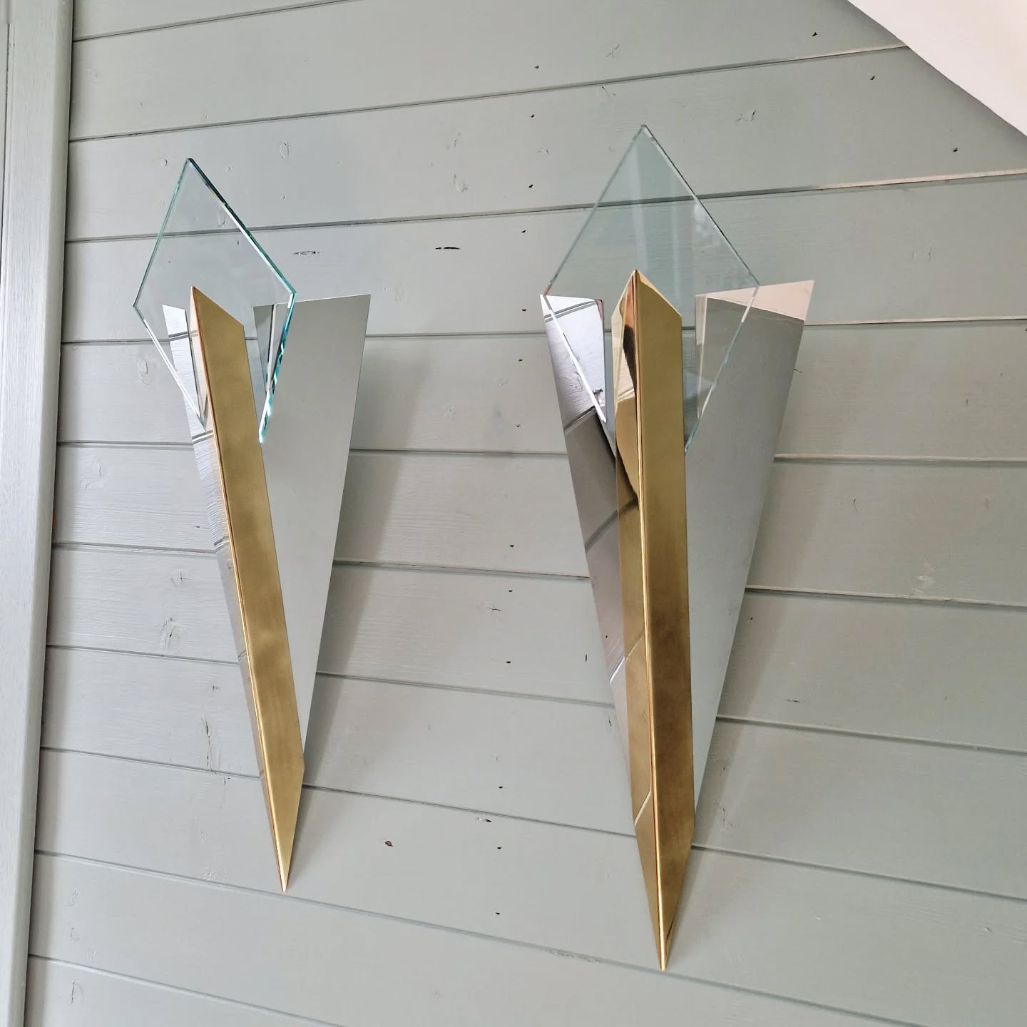 Large pair of triangular wall sconces, J.T. Kalmar, 1970-80.