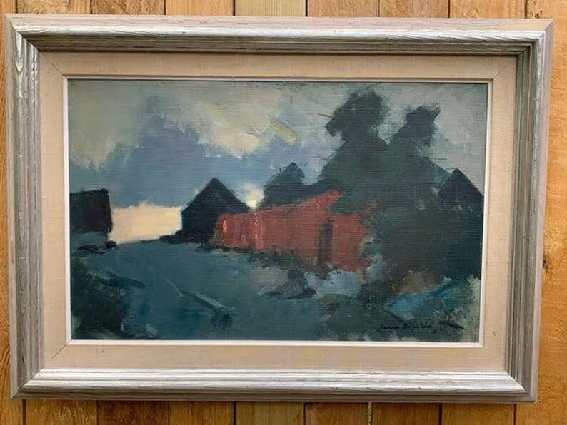 Original Swedish Oil on Canvas – “Red Barn” by Arne Aspelin – Signed – Vintage & Framed – 70 × 50 cm (27.6" × 19.7")