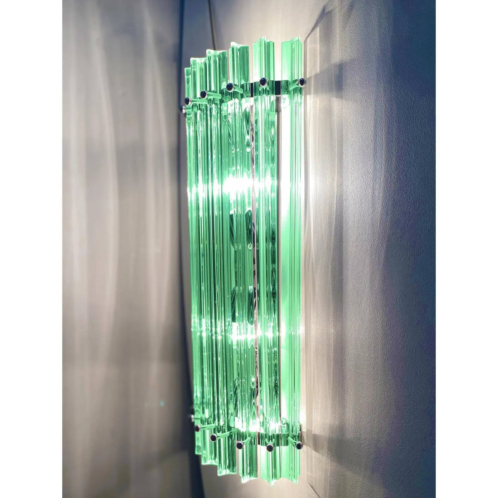 Pair of Contemporary Green “Wather Triedro” Murano Glass Wall Sconces