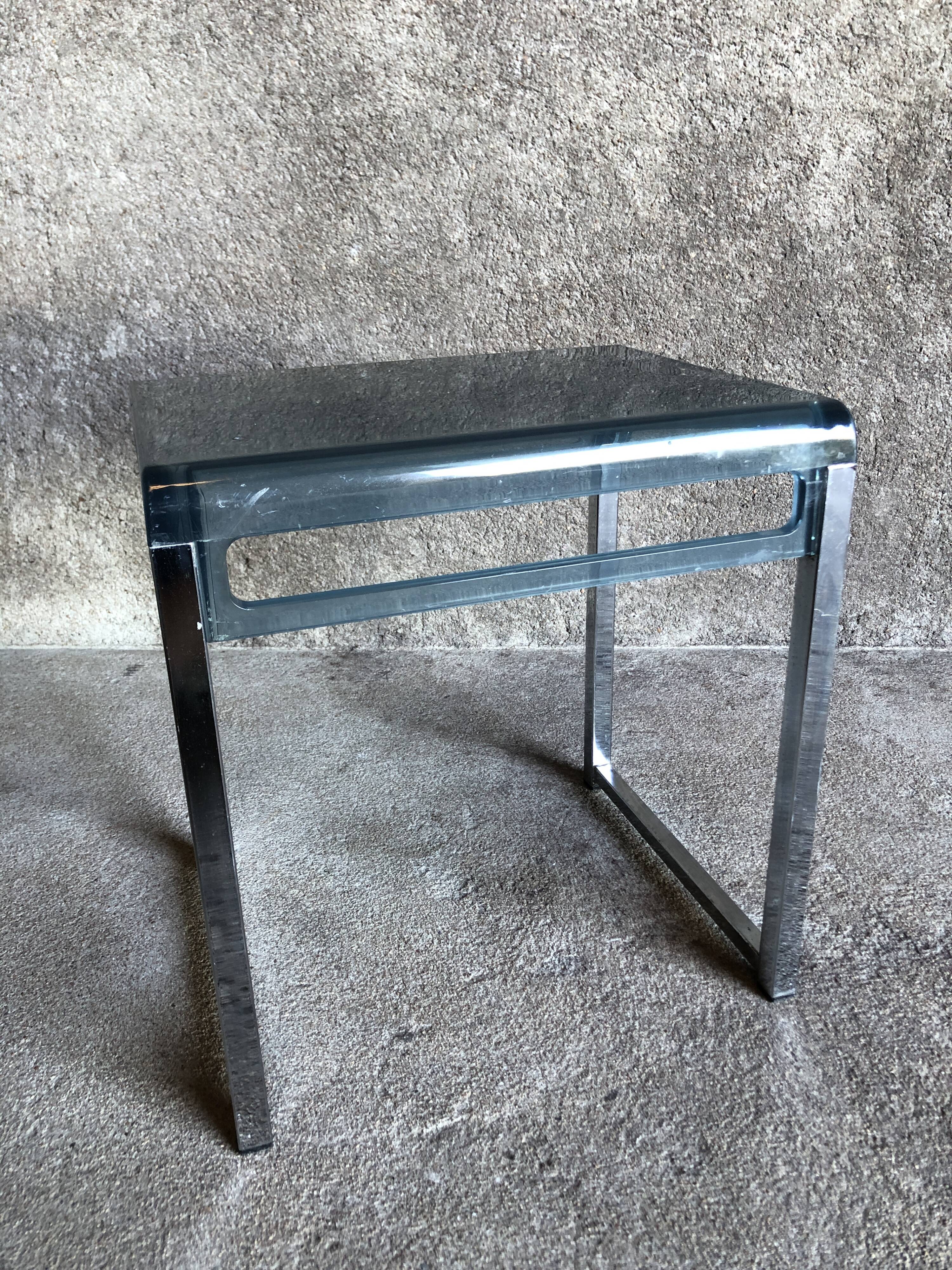 Bedside table in blue plexiglass and chrome metal, 1970