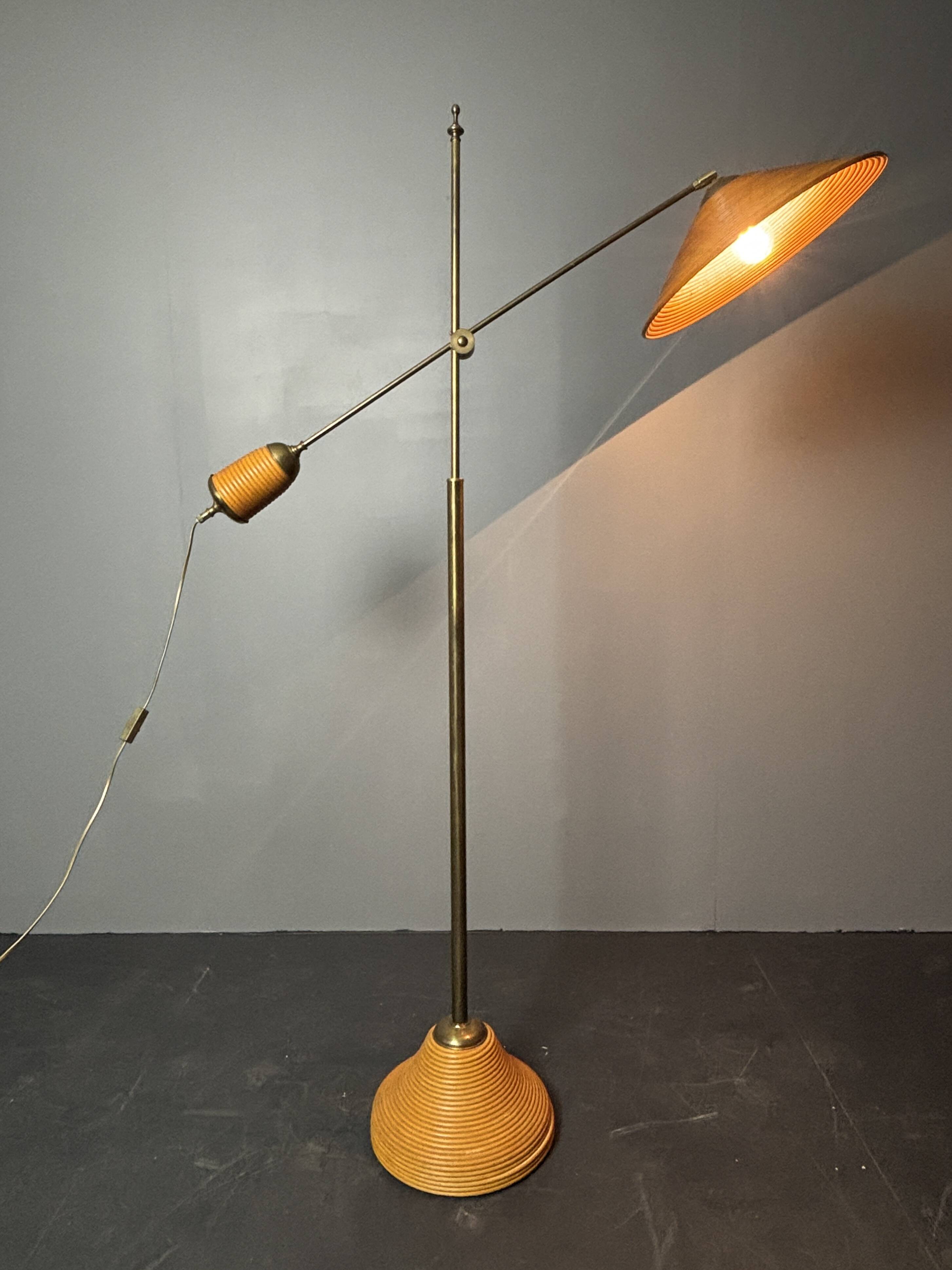 Italian Adjustable Floor Lamp in Pencil Reed Rattan Bamboo and Brass, 1970s