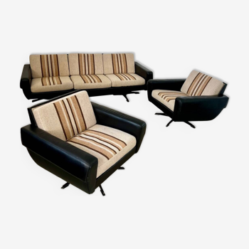 Ensemble canapé et 2 fauteuils tissu et simili cuir vintage design des années 70