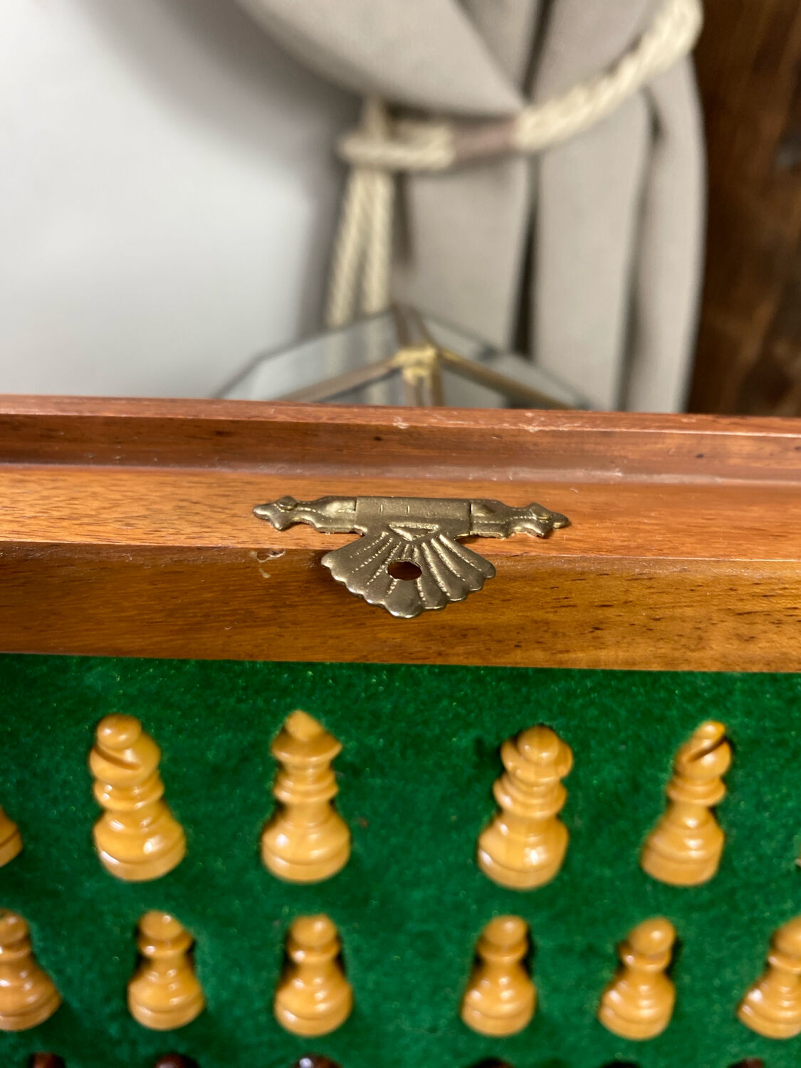 Wooden travel chess set, marquetry board