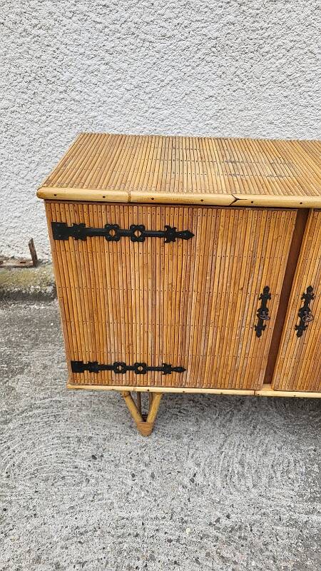 ENFILADE 3 DOORS VINTAGE 1960 IN RATTAN AND WROUGHT IRON