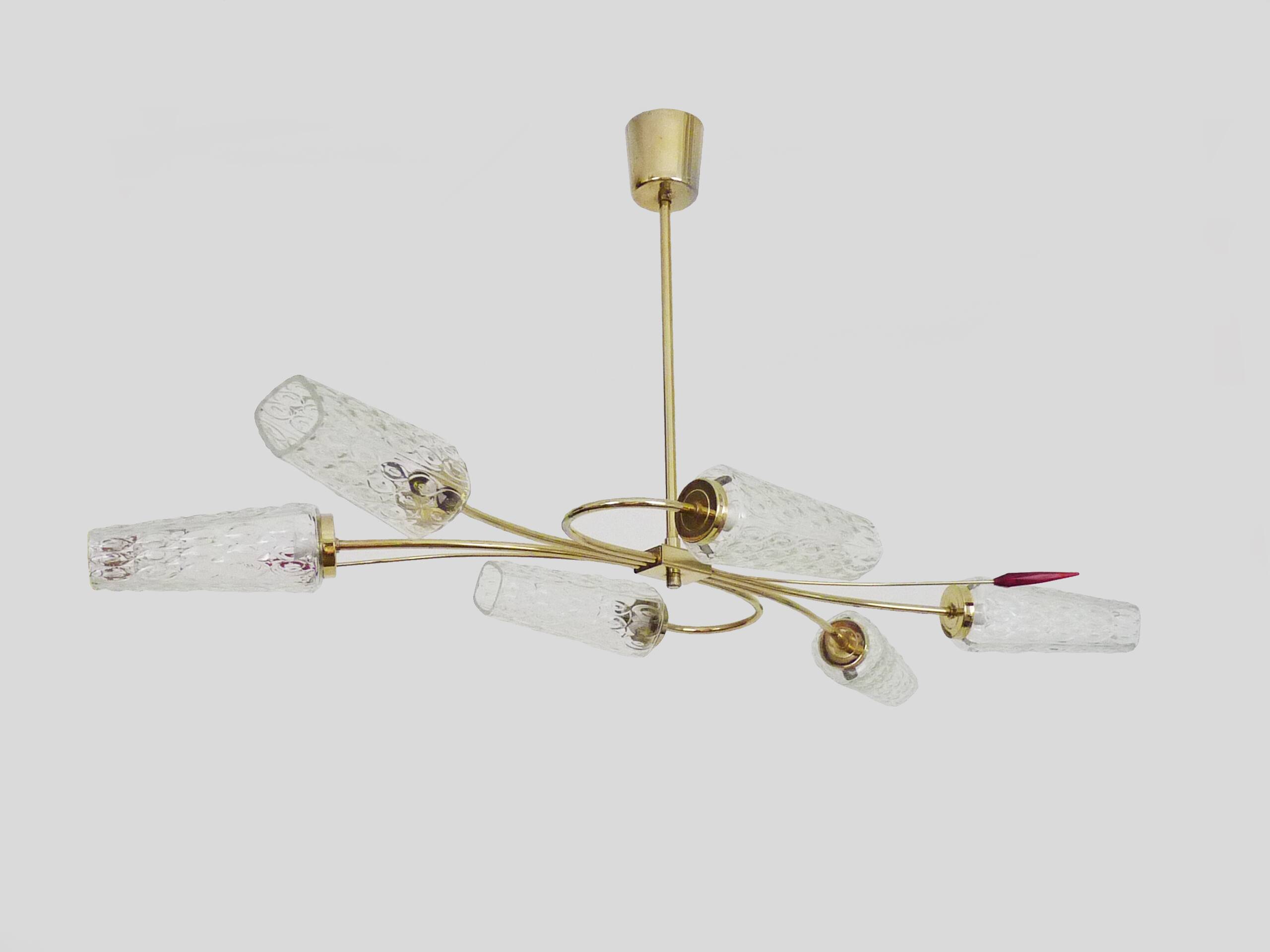 Antique chandelier with 6 branches, 2 red arrows, brass and diamond glass tubes. 70s