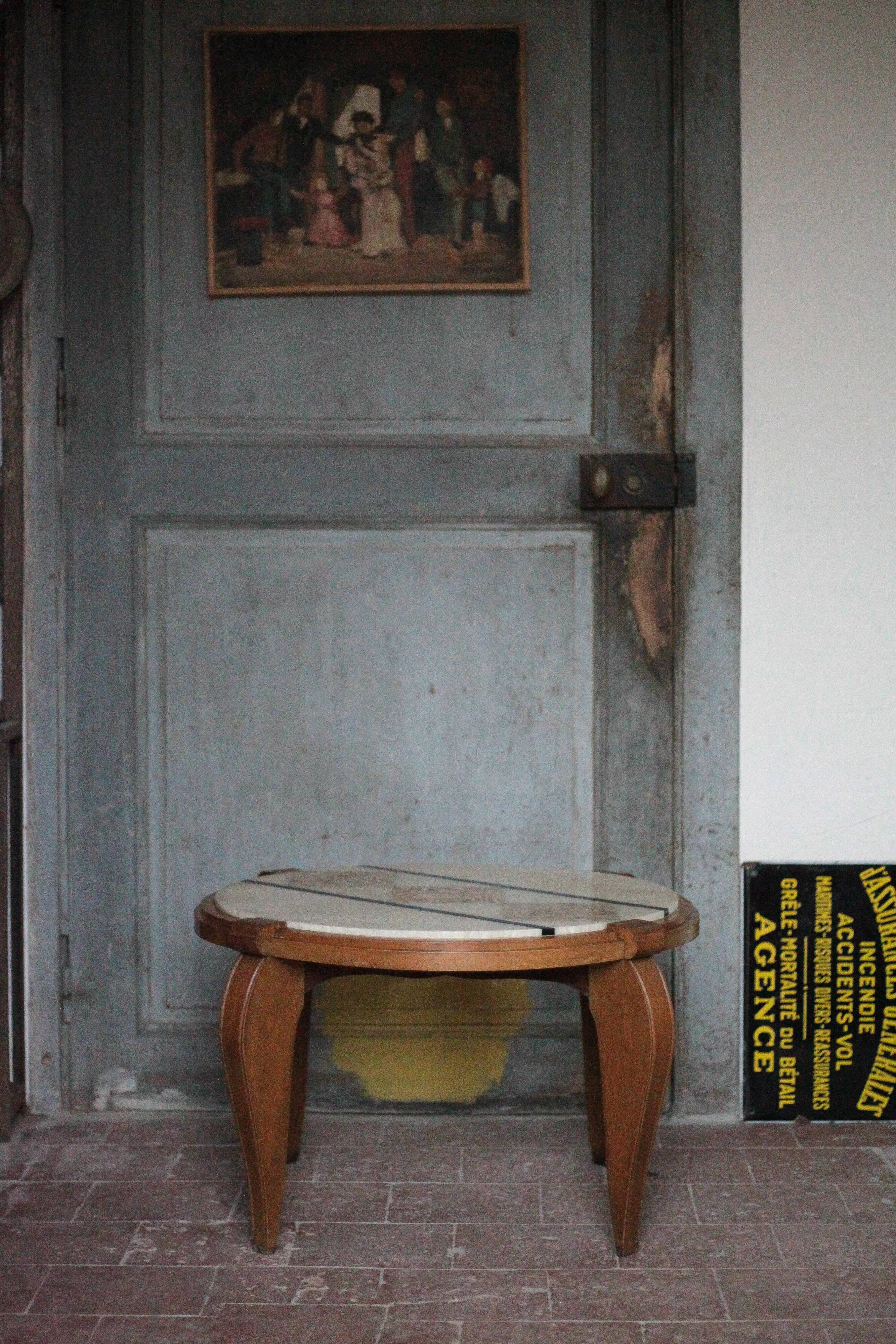 Art Deco wooden coffee table, marble top living room table, side table.
