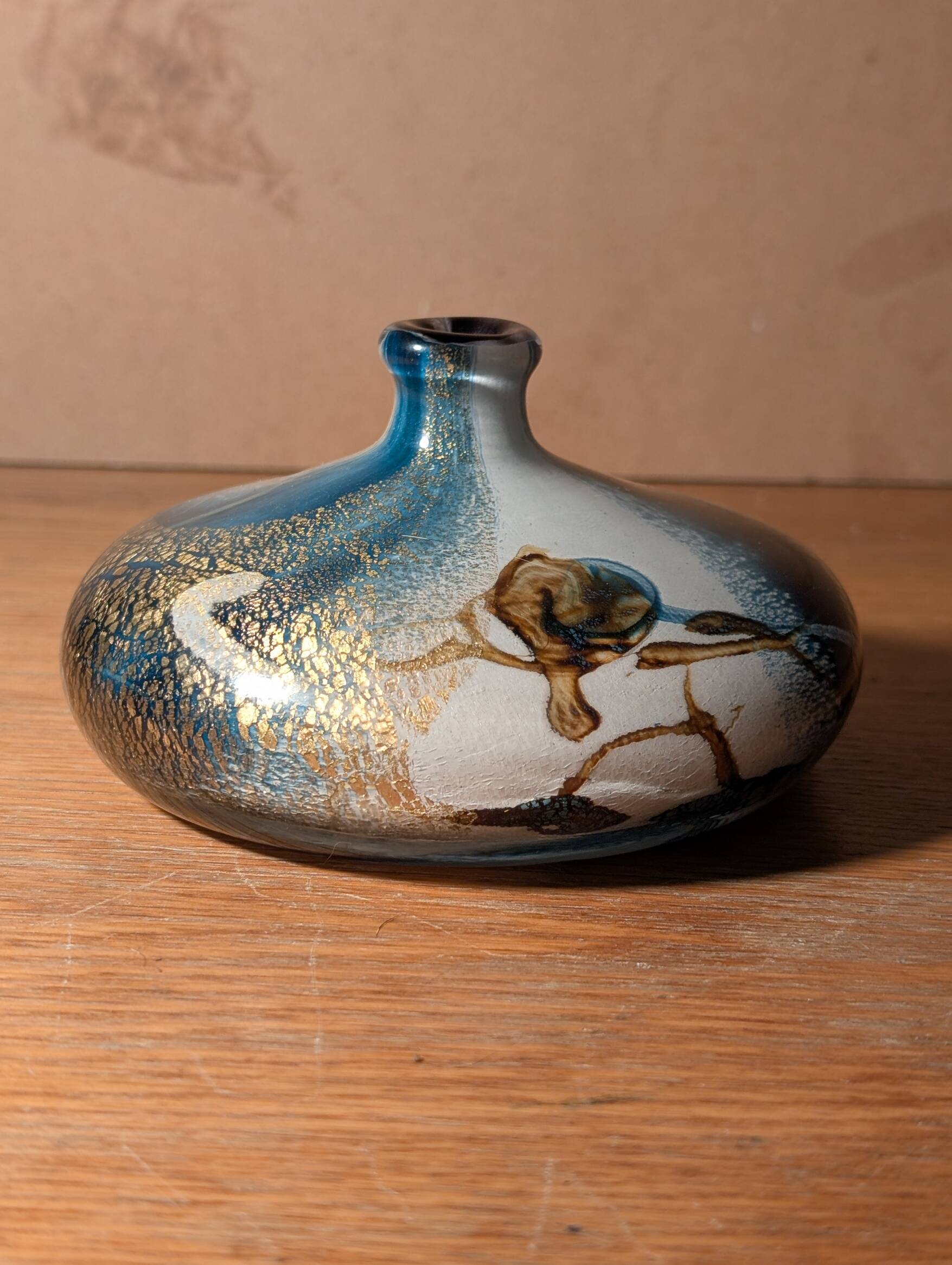 Multilayered glass vase with gold inclusions, Biot workshop, signed JM Operto