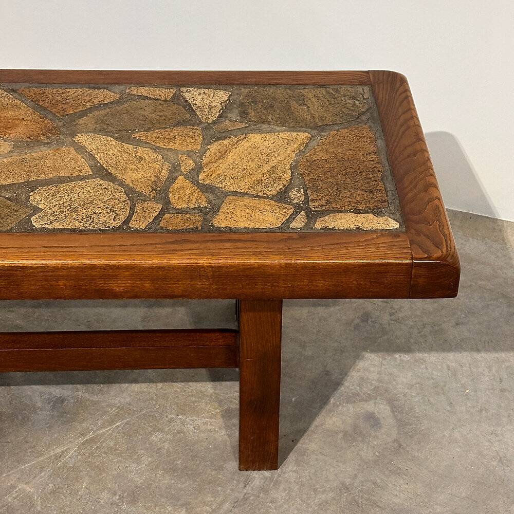 Vintage brutalist stone mosaic coffee table – solid wood, 1970s
