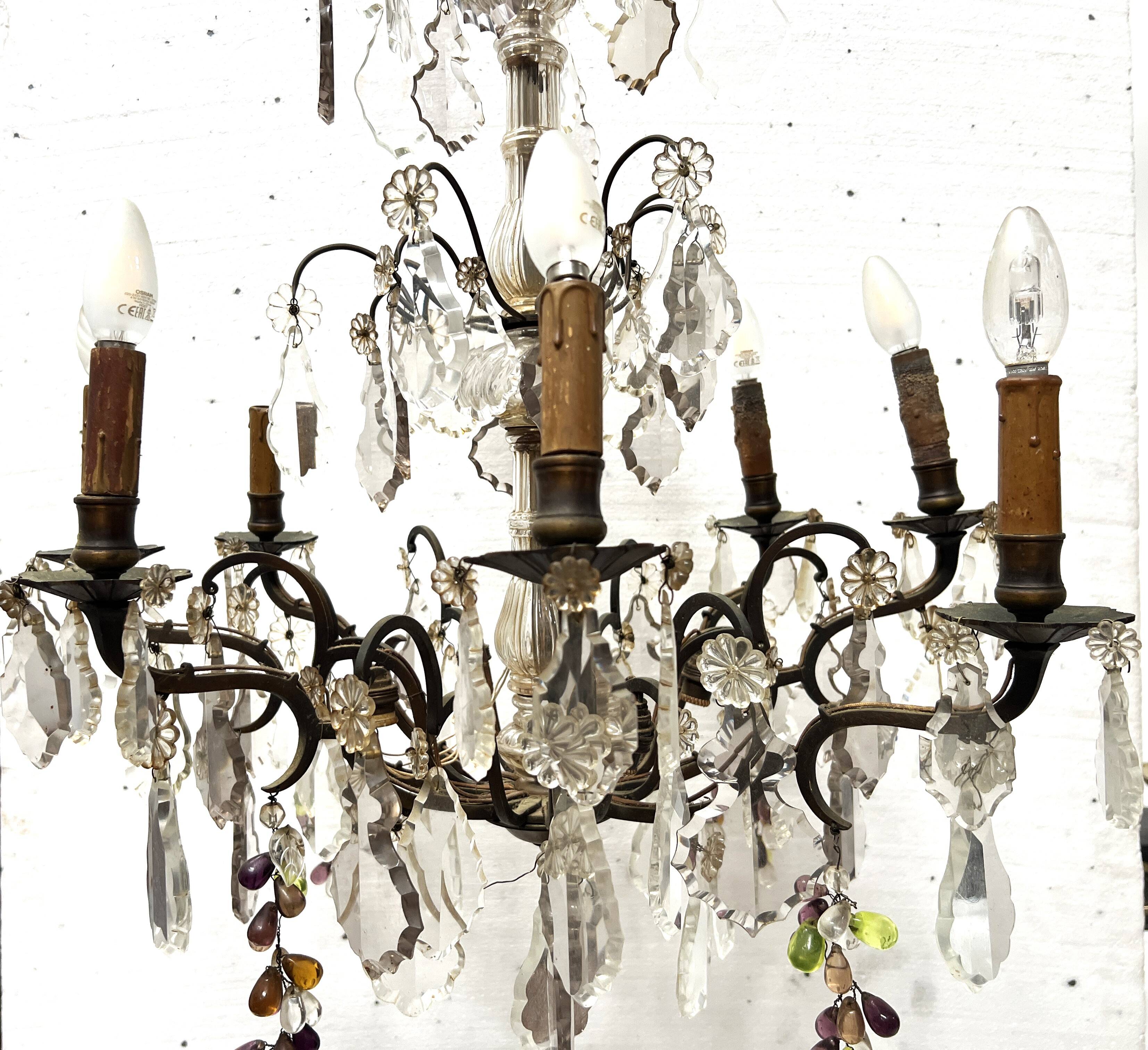 Louis XV style chandelier with pendants and colored glass fruits, 20th century