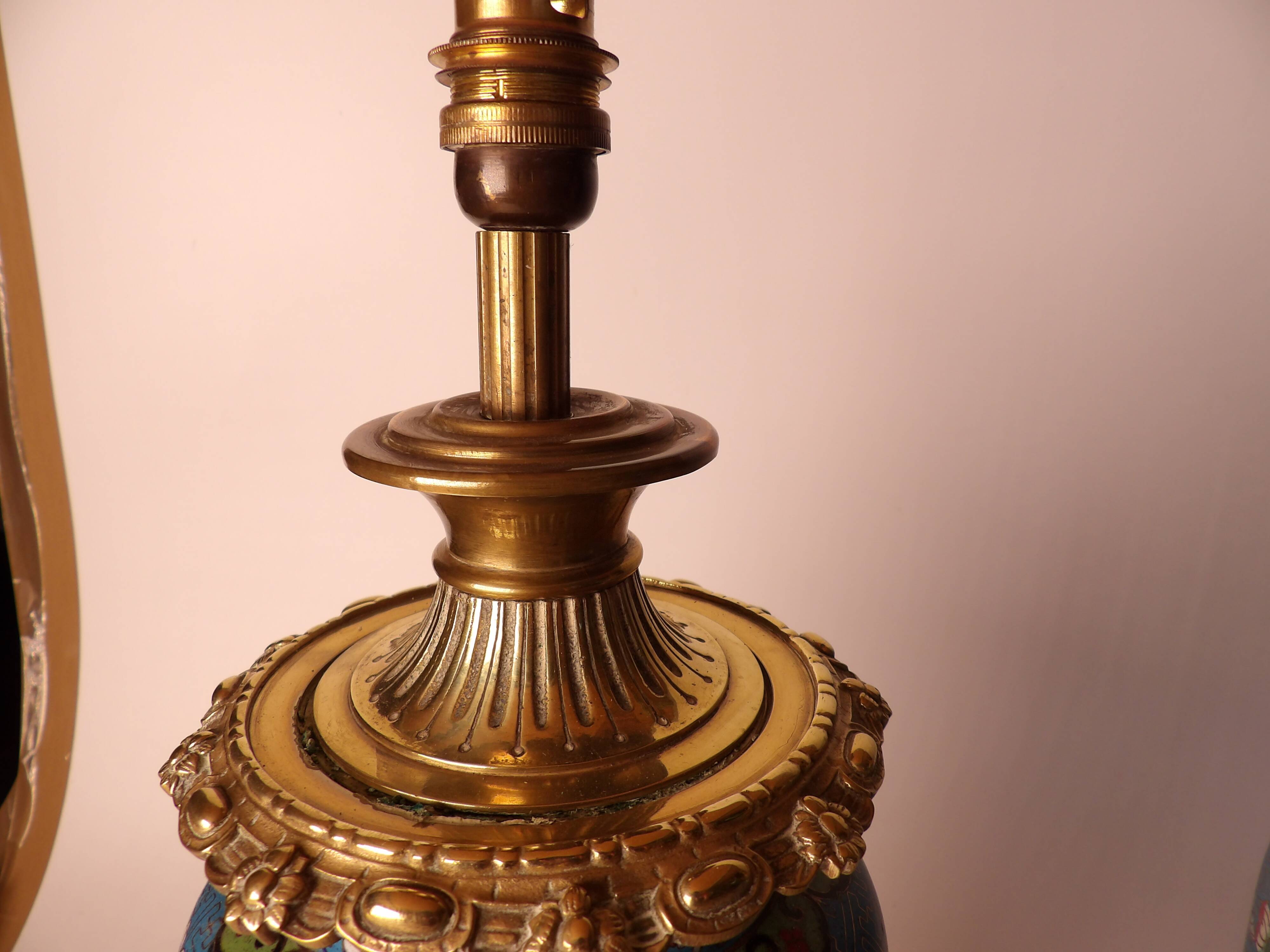 Pair of Asian style lamps in cloisonné and bronze