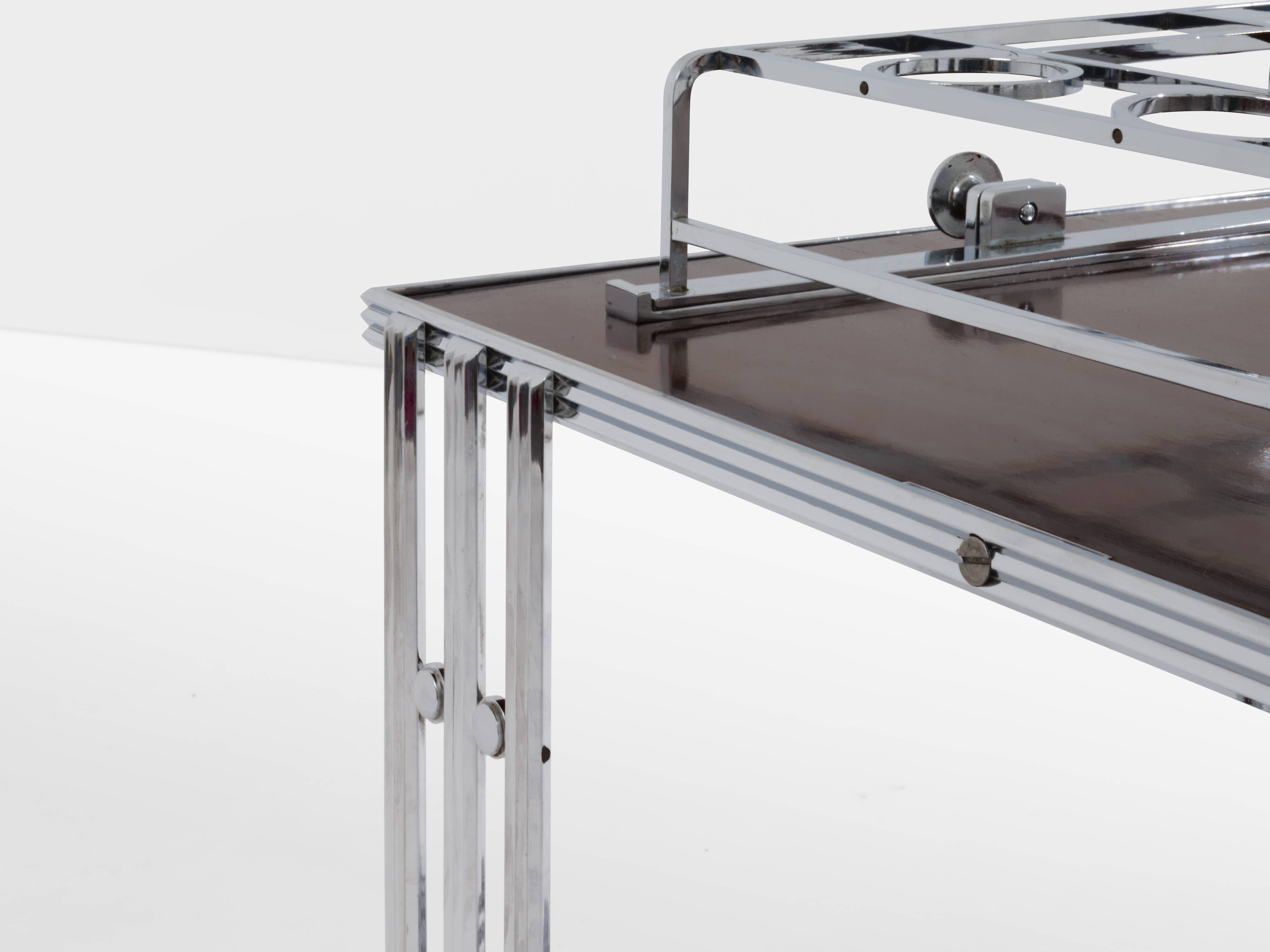 Modernist Art Deco walnut and nickel-plated metal bar table circa 1930