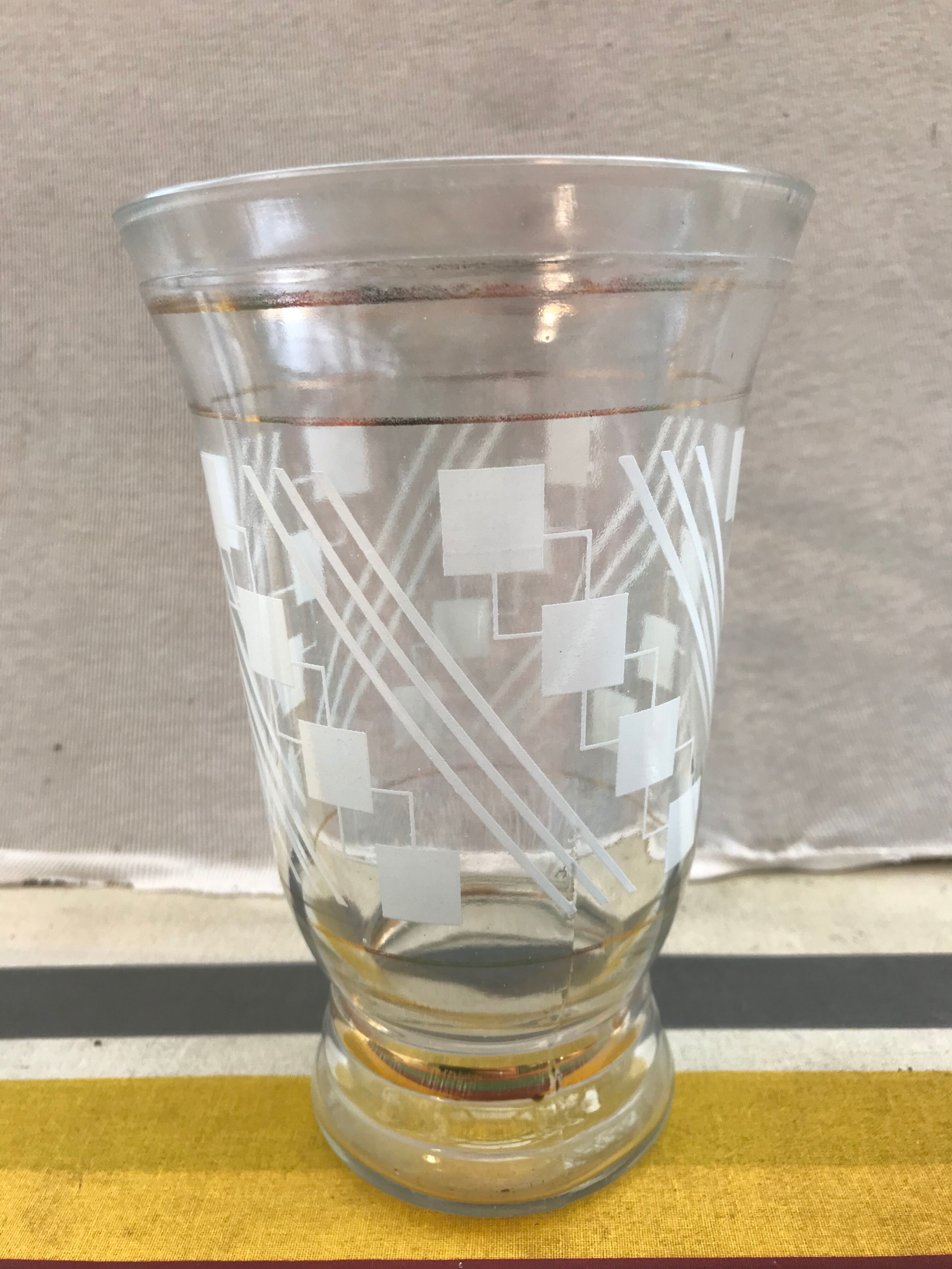 Pair Old Glass Vase Moulded Gold Decor AMORA - Vintage Geometric Design