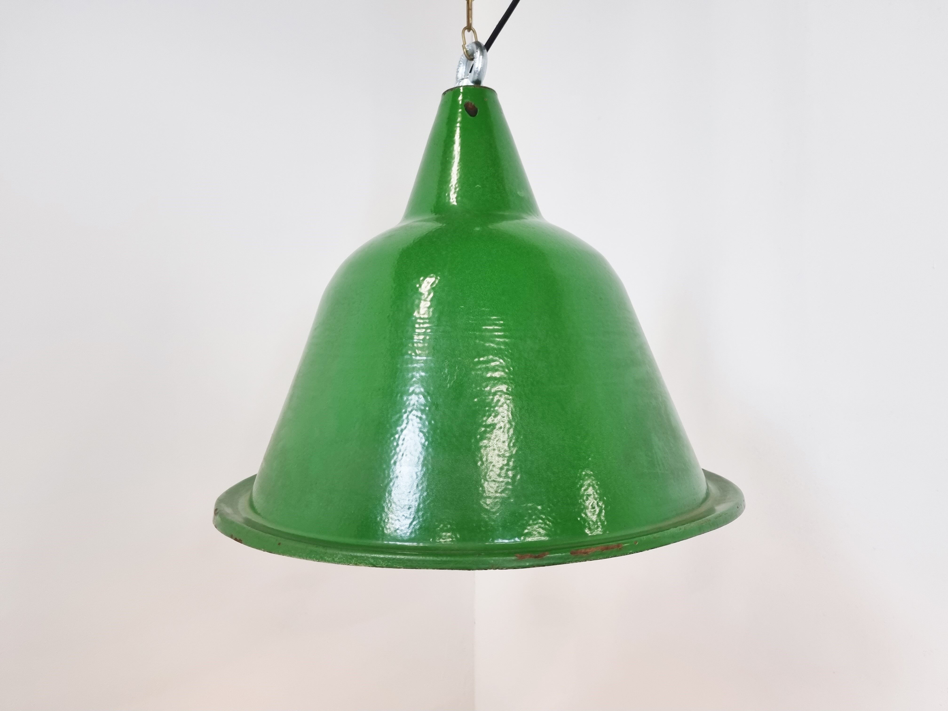 Large vintage industrial green enamel pendant lights, 1960s