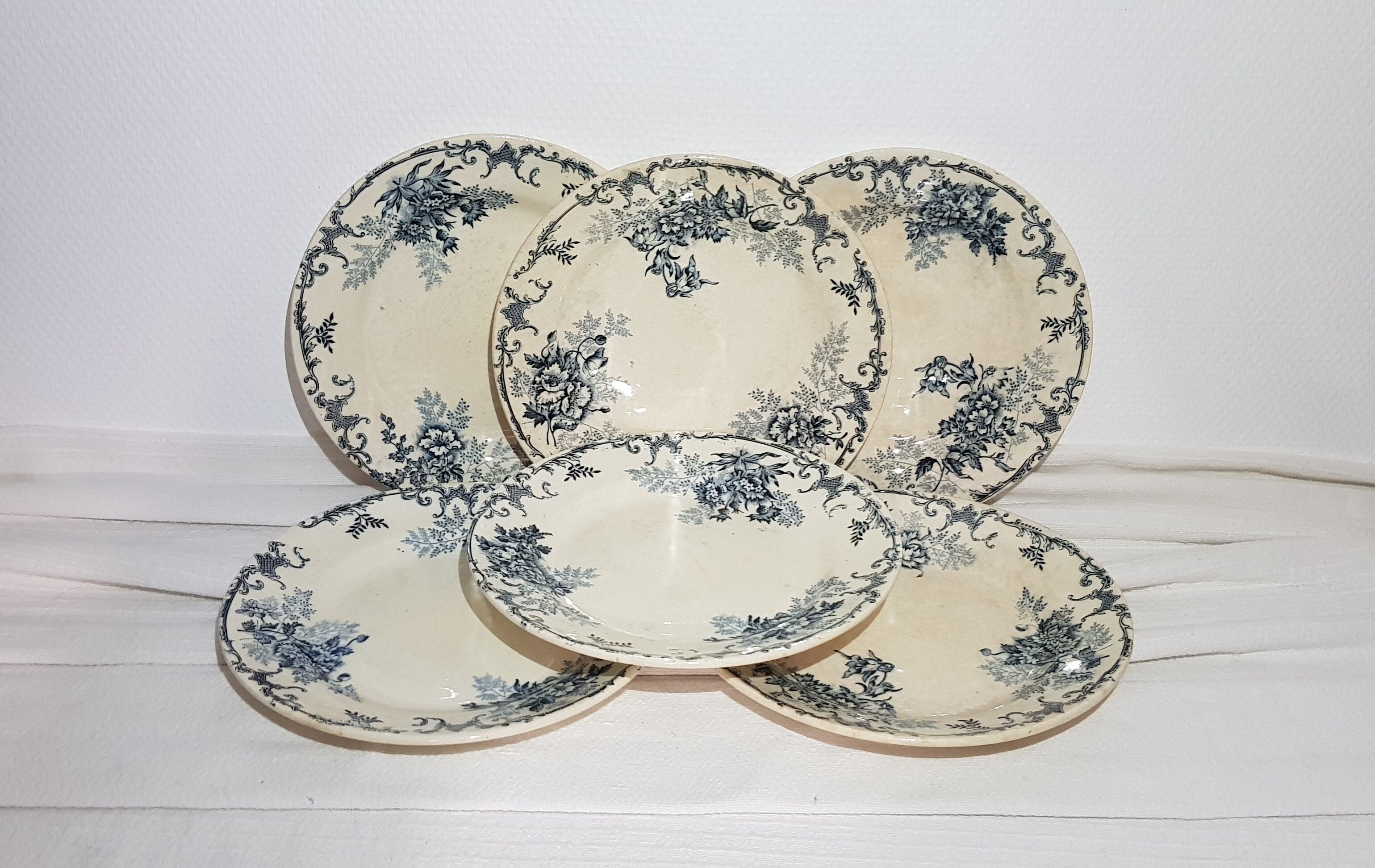 Set of 6 flat earthenware plates from Choisy le Roi model Floreal, iron earth.