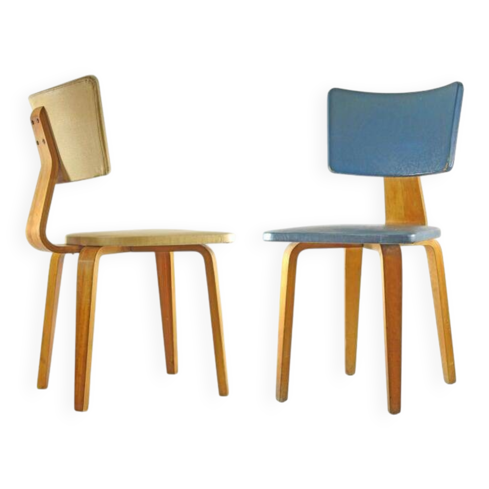 Vintage set of two Cor Alons chairs – bent plywood & blue and cream skai upholstery – 1950s Dutch design