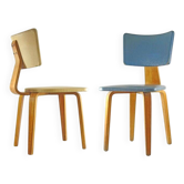 Vintage set of two Cor Alons chairs – bent plywood & blue and cream skai upholstery – 1950s Dutch design