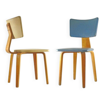 Vintage set of two Cor Alons chairs – bent plywood & blue and cream skai upholstery – 1950s Dutch design