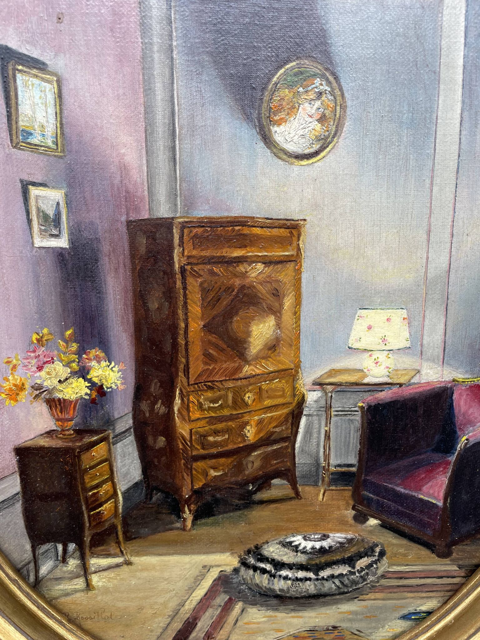 Ancient, Oil painting, interior scene, signed, wood frame, gilded, painting, French painter