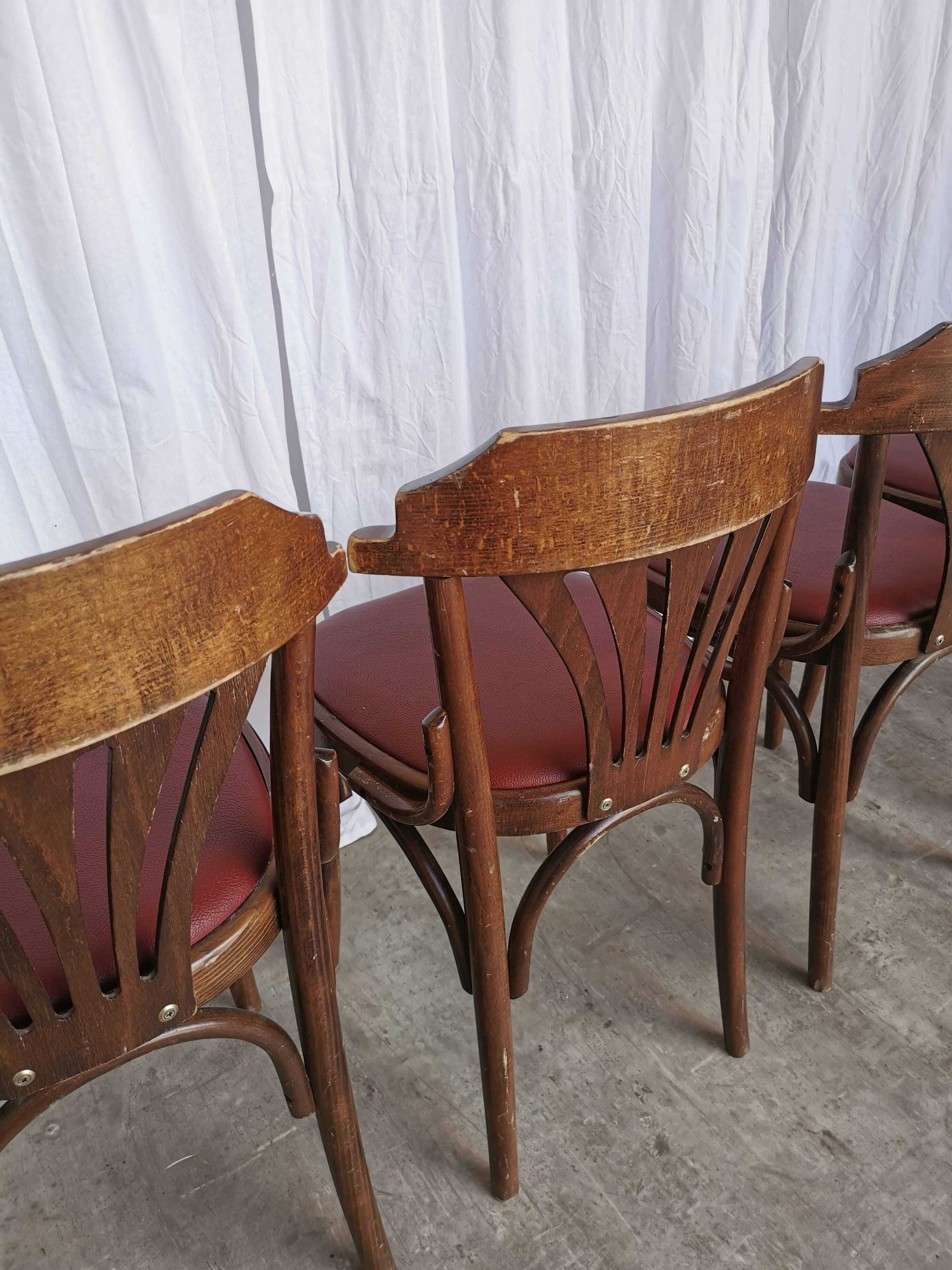 Vintage Bentwood Dining Chairs - Thonet Style - Red Faux Leather - Set of 4