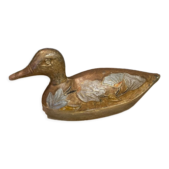 Ancien canard en laiton émaillé peint vintage