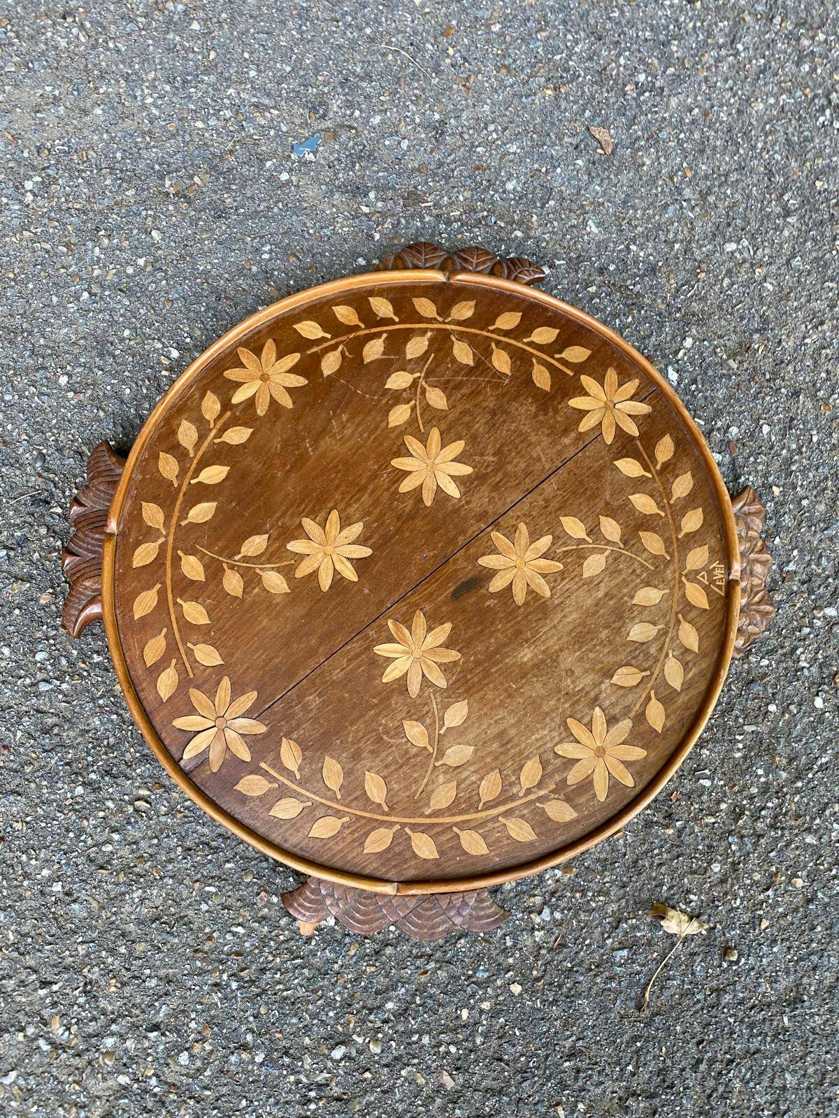 Vintage round art deco breakfast tray in solid wood 1950