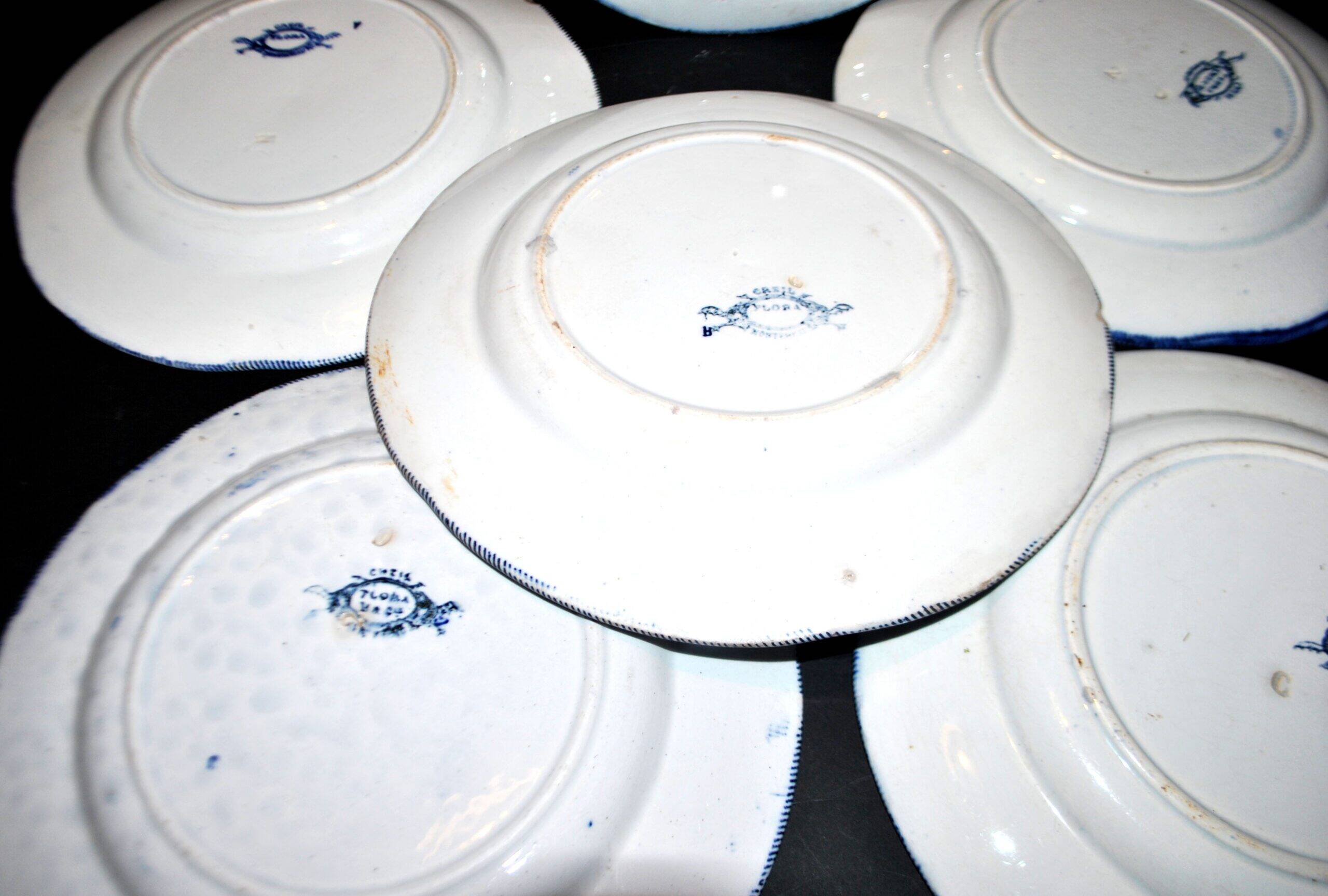 Lot de 6 assiettes Flora décor liseron bleu LM&cie 1840-1875 Creil Montereau