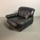 Large Set of Italian Space Age Black Leather Lounge Chairs with Brass