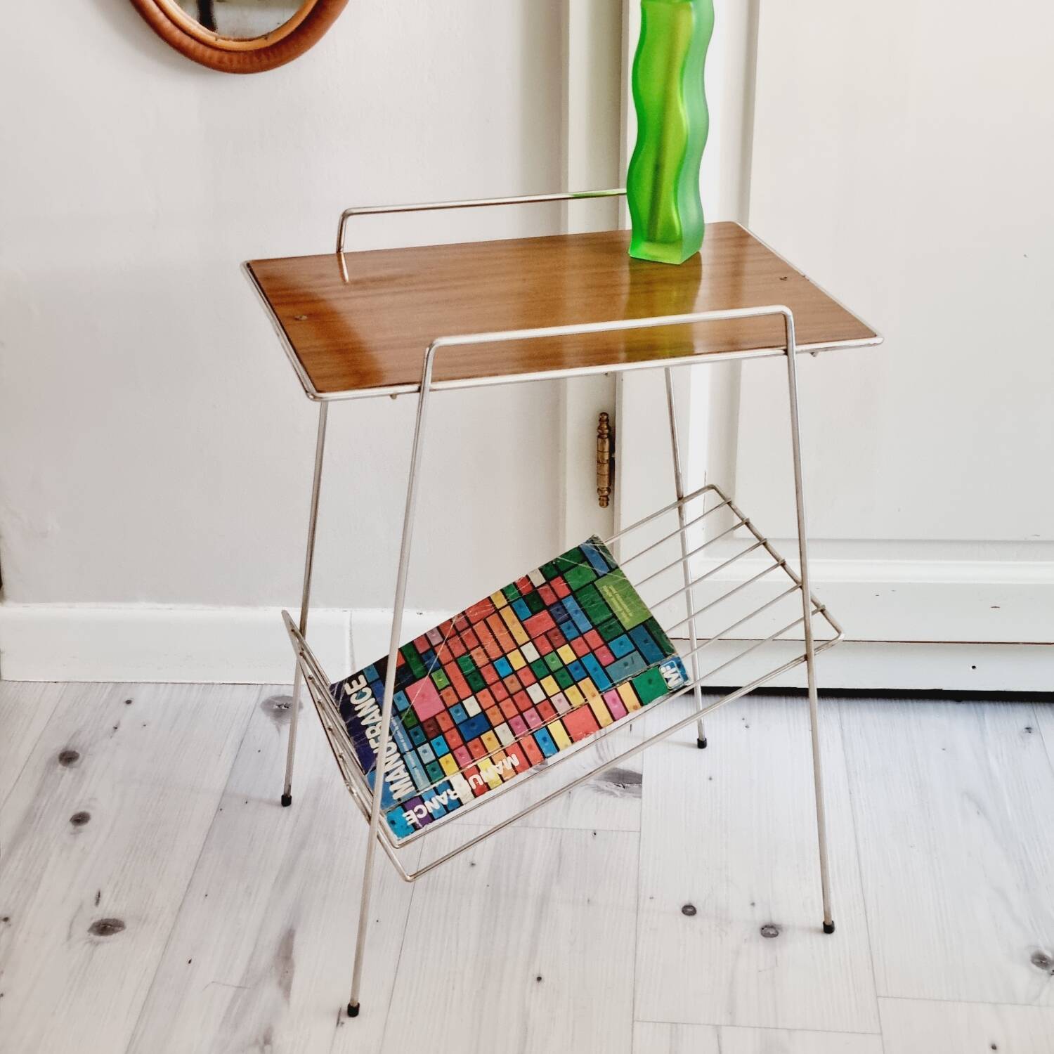 Metal and Formica magazine rack side table