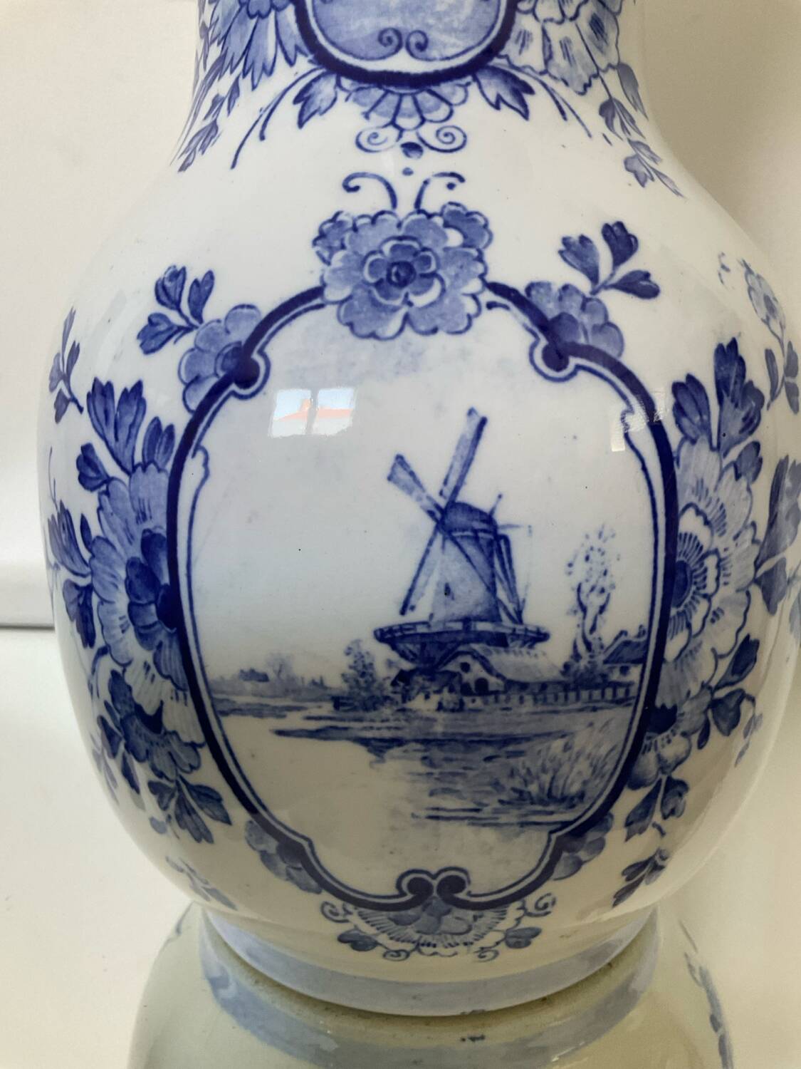 Large antique Delft blue and white porcelain vase signed
