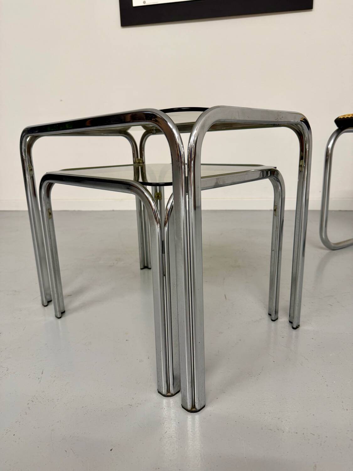 Morex nesting coffee table in metal and smoked glass, Italian design from the 1980s