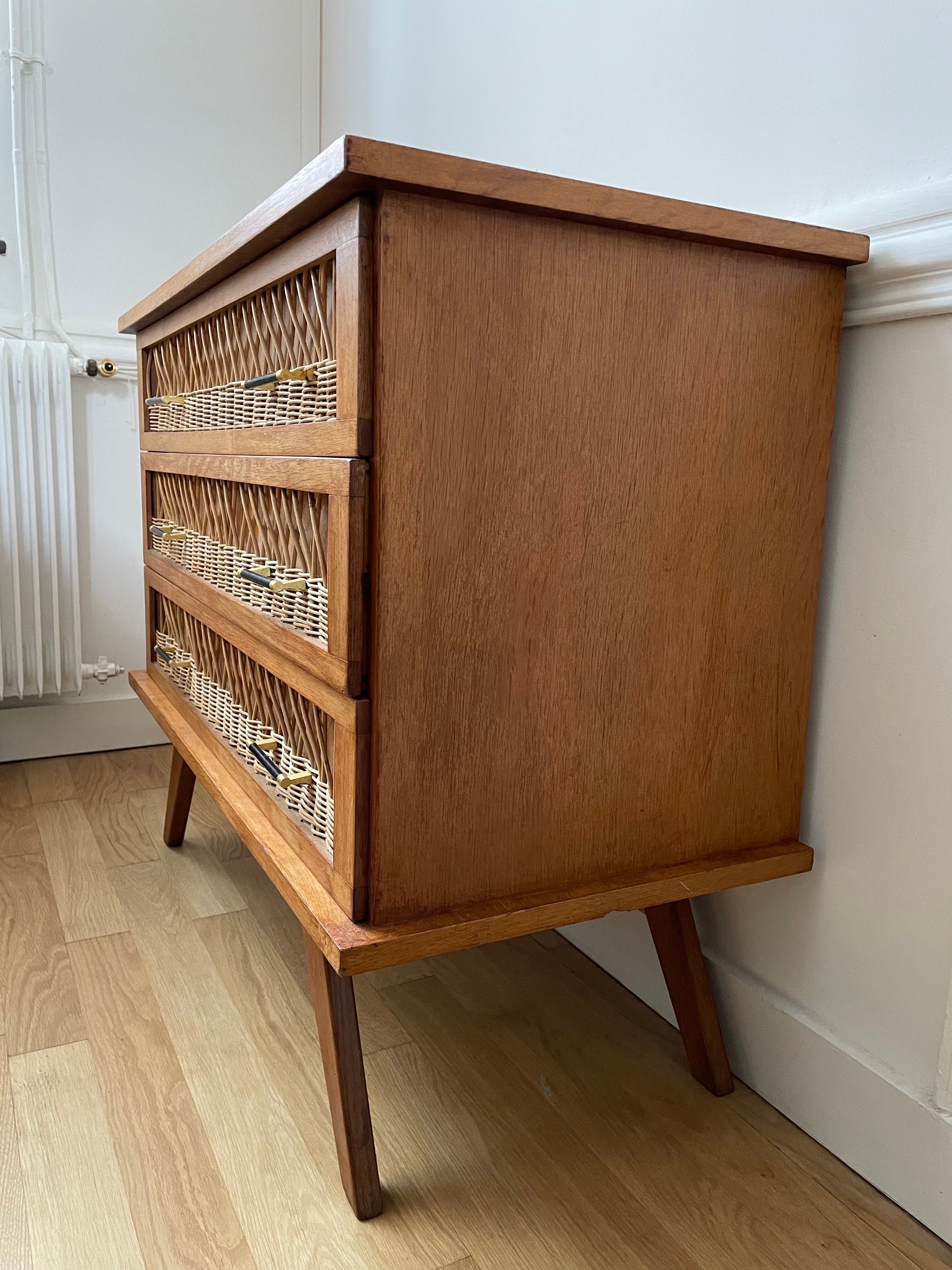 Commode rotin 3 tiroirs 1960