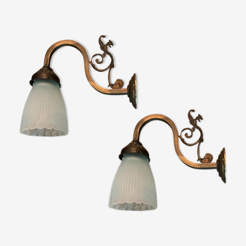 Pair of frosted pressed molded glass wall lamps