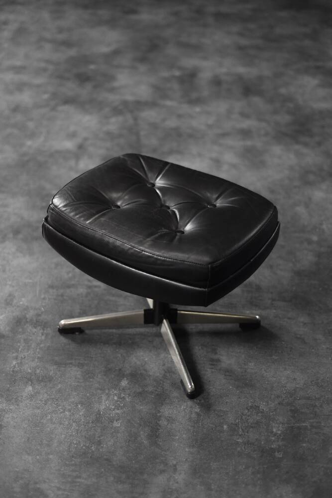 Vintage Mid-Century Scandinavian Modern Black Leather Rectangular Ottoman