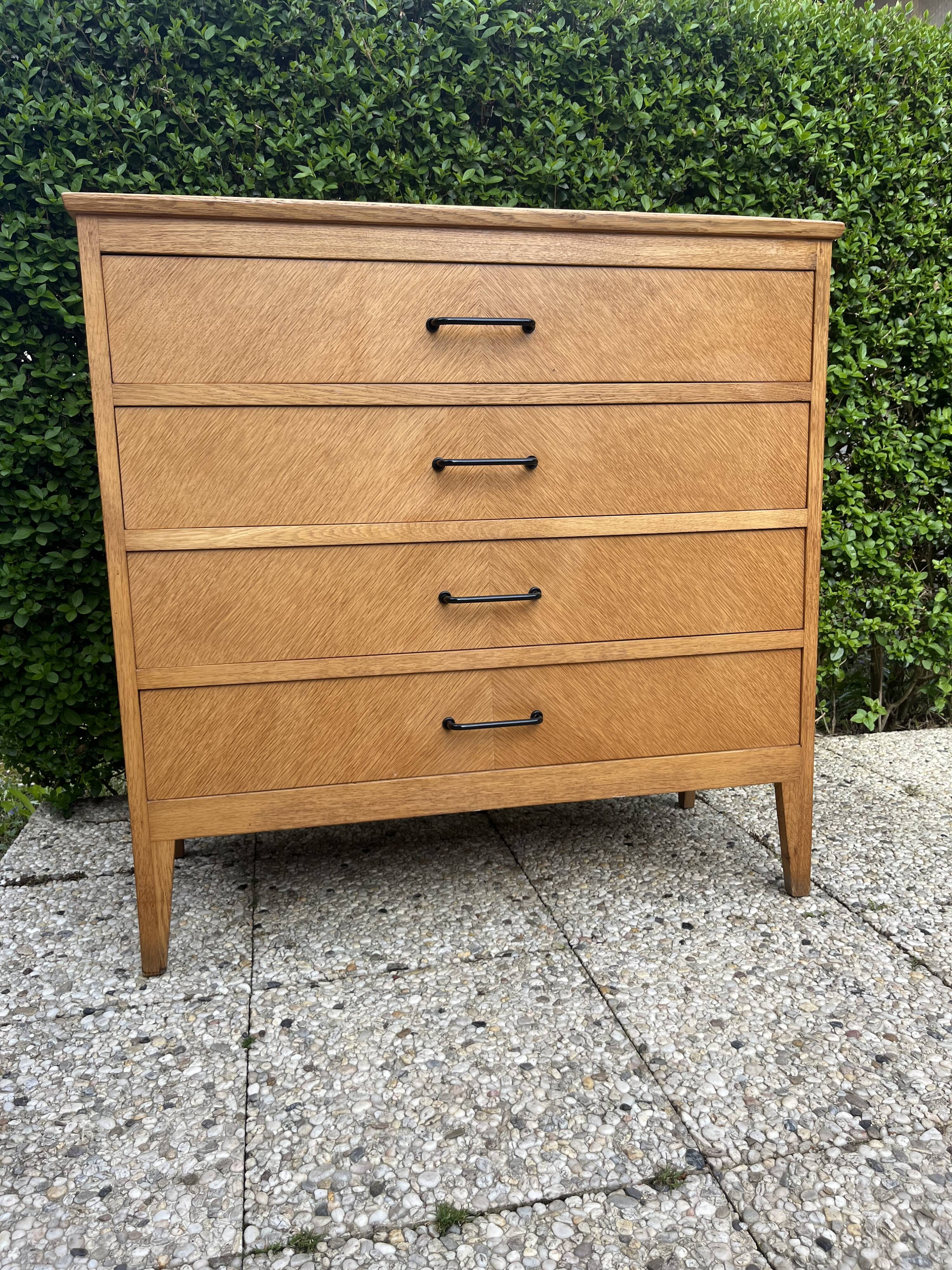 Commode vintage 4 tiroirs chêne clair 1960