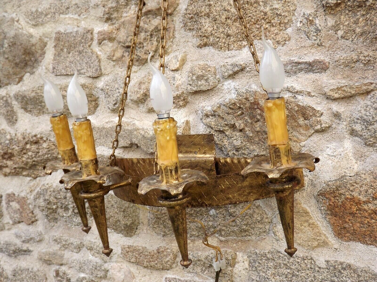 French medieval gold hand forged wrought iron 4 light hanging wall light 3894