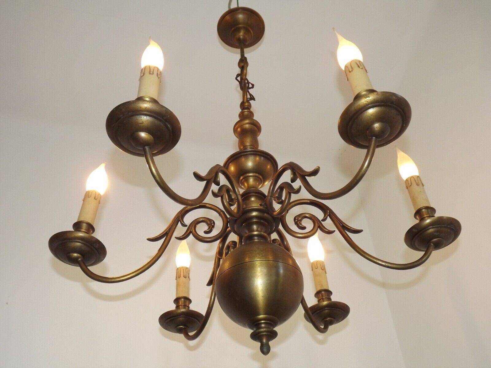 Large Vintage Bronze 6 Light Flemish Chandelier Birds Head Detail 4759