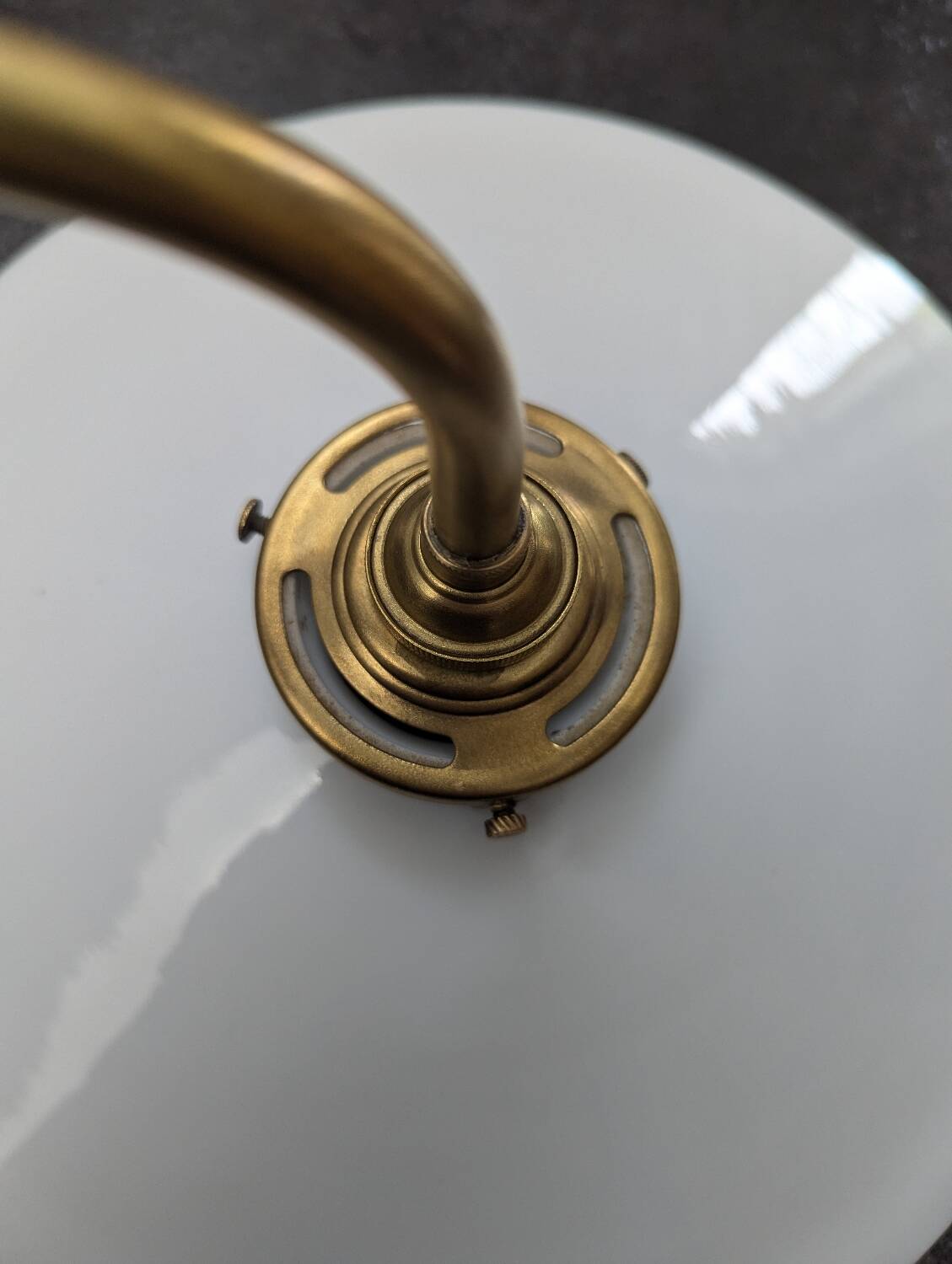 Antique smooth white opaline wall light with brass swan neck porcelain art deco 1930 diameter 25.9cm