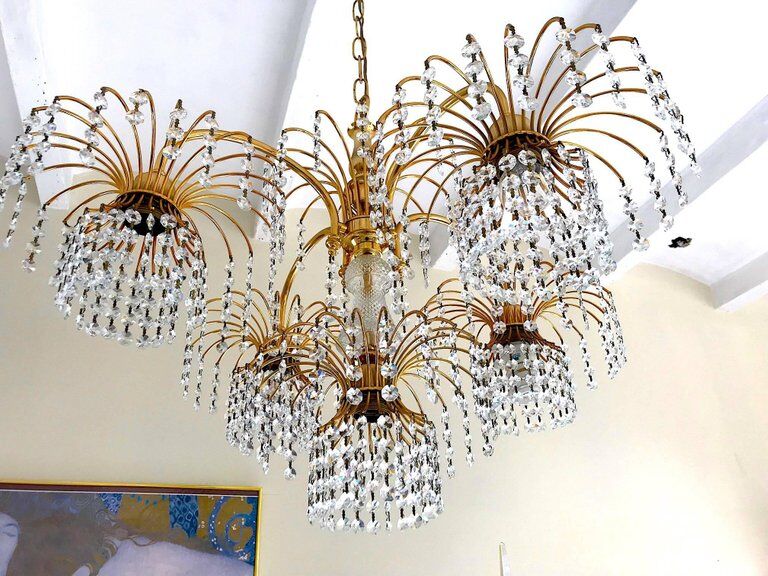 Chandelier crystal of Murano pagoda 1970 gold metal frame