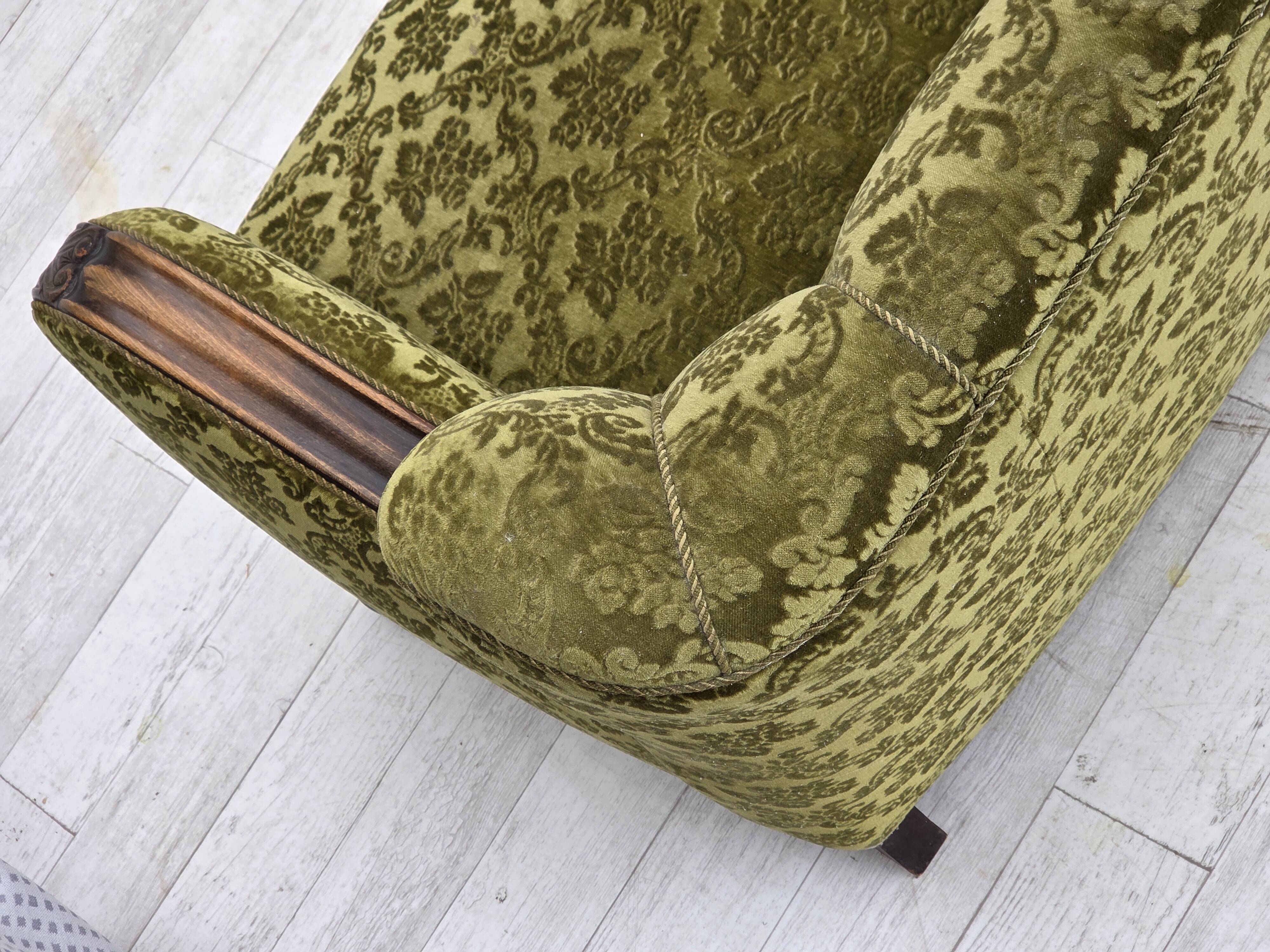 1960s, Danish 3-seater sofa, furniture velour, carved oak wood.